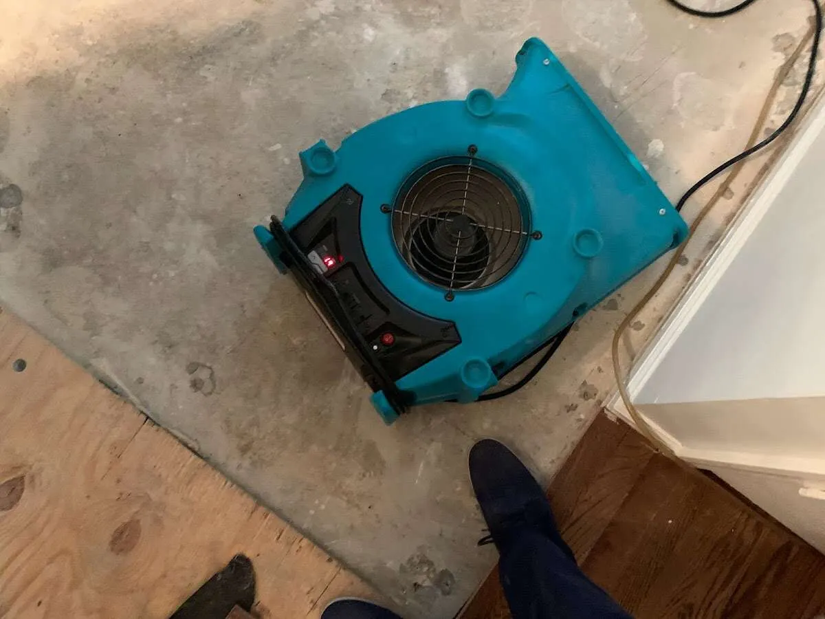 Air mover drying subfloor during Leak Detection & Repair in Warrington